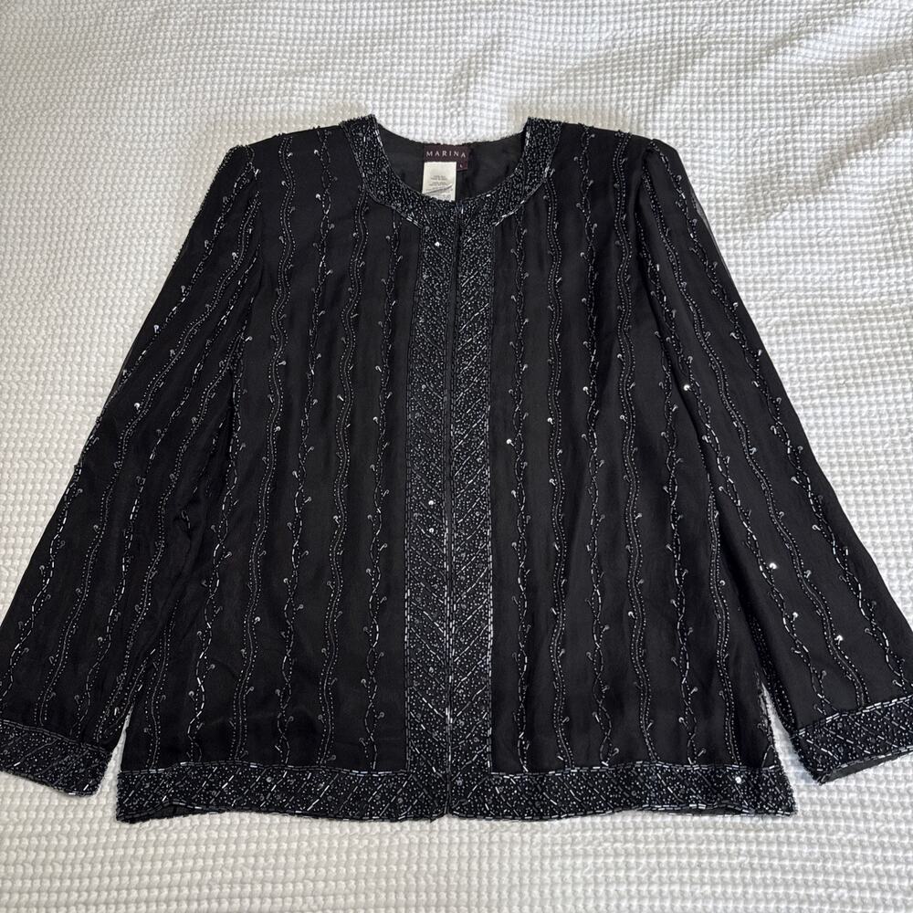 Marina Womens Black Beaded Sequin 100% Silk Blazer Evening Jacket Size Large Vtg